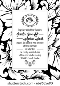 Damask pattern design for wedding invitation in black and white. Pattern is included as seamless swatch for easier use and edit