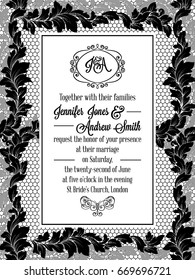 Damask pattern design for wedding invitation in black and white lace. Pattern is included as seamless swatch for easier use and edit