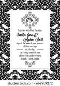 Damask pattern design for wedding invitation in black and white. Pattern is included as seamless swatch for easier use and edit. Brocade royal frame and exquisite monogram.