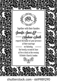 Damask pattern design for wedding invitation in black and white. Pattern is included as seamless swatch for easier use and edit. Brocade royal frame and exquisite monogram.