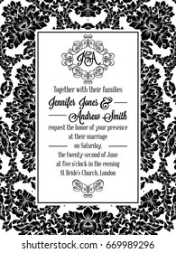 Damask pattern design for wedding invitation in black and white. Pattern is included as seamless swatch for easier use and edit. Brocade royal frame and exquisite monogram.