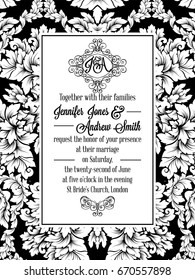 Damask pattern design for wedding invitation in black and white. Brocade royal frame and exquisite monogram.