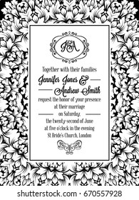 Damask pattern design for wedding invitation in black and white. Brocade royal frame and exquisite monogram.