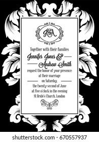 Damask pattern design for wedding invitation in black and white. Brocade royal frame and exquisite monogram.