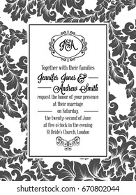 Damask pattern design for wedding invitation in black and white. Brocade royal frame and exquisite monogram.