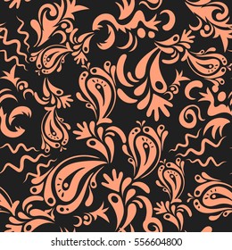 Damask pattern with doodles in baroque style. Baroque damask vintage orange and gray vector seamless pattern background. Wallpaper with antique floral medieval baroque abstract doodle ornament.