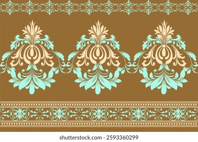  damask pattern in earthy tones with floral flourishes and ornate scrolls. Ideal for textiles, scrapbooking, and event decor. High-quality vector for versatile projects.
