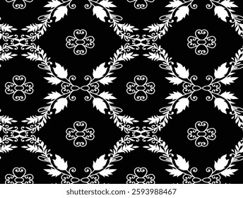 Damask pattern with floral elements on a black background, ideal for wallpaper, textile, gift wrapping.