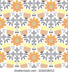 Damast-Muster mit floralem Motiv in hellen Farben und gelben orangefarbenen Blumen