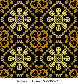Damask pattern floral on black background.