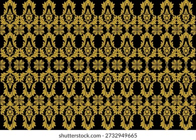 Patrón de damasco: Un diseño floral, puntiagudo, parecido al loto en oro sobre un fondo negro. Textil, seda, tela impresa, decoración de interiores, Fondo de pantalla.