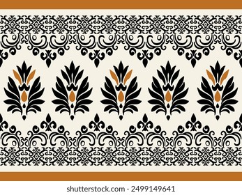 damask pattern, ikat pattern in black and orange on a white background. Perfect for textile design, wallpaper, and luxury branding. High-resolution vector illustration.

