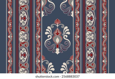 Damask pattern, Ikat floral pattern on dark blue background. Vector illustration of ethnic Ikat pattern. Aztec style. Hand drawn. Baroque embroidery. Design for texture, fabric, clothing, decoration