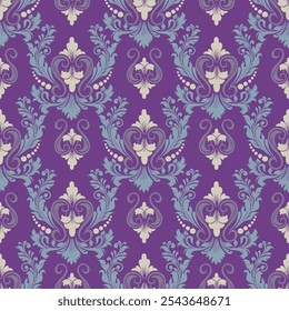 padrão damask vintage com intrincados desenhos florais e ornamentais. Este design clássico e elegante é perfeito para papéis de parede, têxteis, papel de embrulho e decoração interior