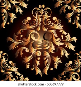 Damask pattern. Luxury damask baroque seamless pattern.Floral ornament with vintage decorative antique gold 3d damask flowers and leaves.Vector flourish baroque background. Damask wallpaper .