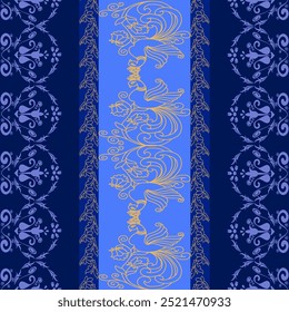 Damask pattern on blue background, blue, ethnic pattern, vector, textile, rug, clothing, sarong, wrap, print.
