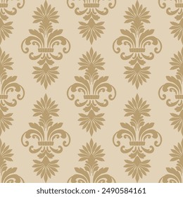 Damask pattern on a cream background. It features floral and scroll patterns that are symmetrical in a repeating design.