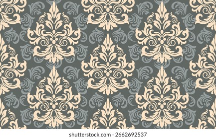 Padrão de Damasco na superfície sem emenda cinza-oliva profundo