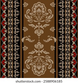 A damask pattern on a golden-brown background, highlighted by cream-colored floral and leaf motifs. Vertical borders with geometric and red floral elements.