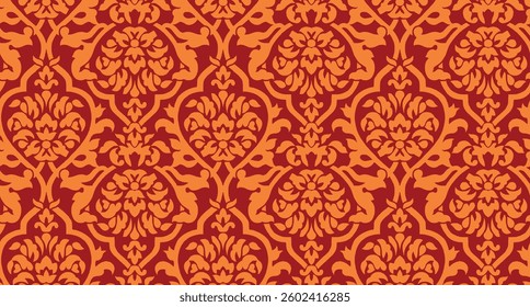 Damask pattern in orange and red, for textile, wallpaper, gift wrapping.