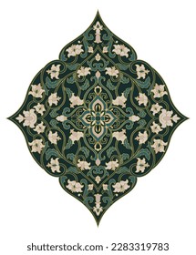 Damask pattern with ornamental flowers. Green floral medieval ornament. Design element for wallpaper, textile, carpet and any surface.