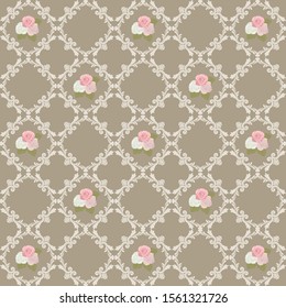 damask pattern with pink roses, vector background