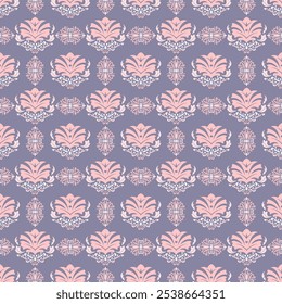 A damask pattern of pink and white flowers is displayed on a purple background. The flowers are arranged in a way that creates a sense of movement and flow. Scene is one of elegance and sophistication