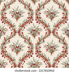 Damask pattern with red berries of ilex, barberry, hawthorn and juniper twigs. Vector floral seamless pattern. Colorful.