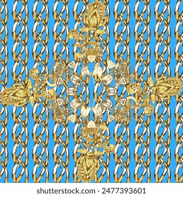 Damask pattern repeating background. Antique golden repeatable wallpaper.Golden element on brown, blue and yellow colors. Golden brown, blue and yellow floral ornament in baroque style.