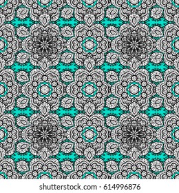 Damask pattern repeating background. Antique gray repeatable wallpaper. Gray element on blue background. Gold blue floral ornament in baroque style.