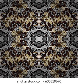 Damask pattern repeating background. Antique golden repeatable wallpaper. Golden element on brown background. Gold brown floral ornament in baroque style.