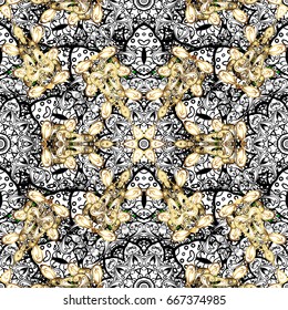 Damask pattern repeating background. Antique white repeatable wallpaper. Elements on golden and white background. White floral ornament in baroque style.