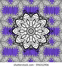 Damask pattern repeating background. Blue violet floral ornament in baroque style. Antique white repeatable wallpaper. White element on violet background.