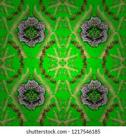 Damask pattern repeating background. Gold green, neutral and yellow floral ornament in baroque style. Golden element on green, neutral and yellow colors. Antique golden repeatable wallpaper.