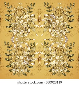 Damask pattern repeating background. Gold yellow floral ornament in baroque style. Antique golden repeatable wallpaper. Golden element on yellow background.