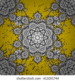 Damask pattern repeating background. Gold yellow floral ornament in baroque style. Antique golden repeatable wallpaper. Golden element on yellow background.