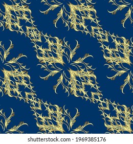 Damask pattern repeating background. Golden neutral, yellow and blue floral ornament in baroque style. Antique golden repeatable wallpaper.Golden element on neutral, yellow and blue colors.