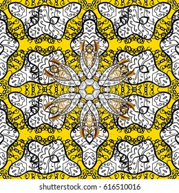 Damask pattern repeating background. Golden yellow floral ornament in baroque style. Antique golden repeatable wallpaper.Golden element on yellow background.