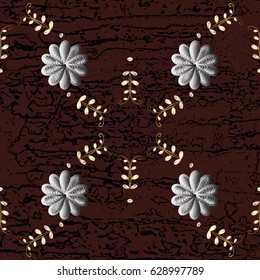 Damask pattern repeating background. Golden brown floral ornament in baroque style. Antique golden repeatable wallpaper.Golden element on brown background.