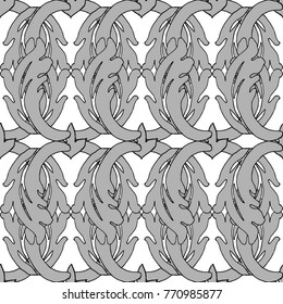 Damask pattern seamless floral grey leaf design textile, fabric repeating background 