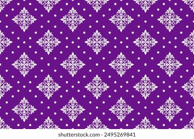 damask pattern, seamless, traditional ethnic, purple,white, fabric pattern for textiles, rugs, wallpaper, clothing, sarong, batik, wrapping, embroidery, print, background, cover, illustration, vector.