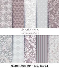 Damask pattern set collection Vector. Baroque ornament on modern abstract background. Vintage decor. Trendy color fabric textures