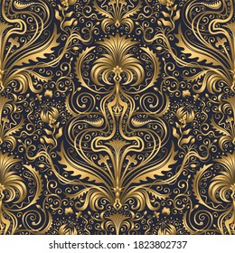 Damask pattern. Swirl seamless gold and navy blue ornament. 3D effect scroll decorative print. Vintage oriental illustration. Rich flower print