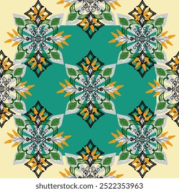  Padrão de damasco, ladrilho, tapete, vetor,
design de ilustração, em fundo verde, misturar padrões de buquê de flores