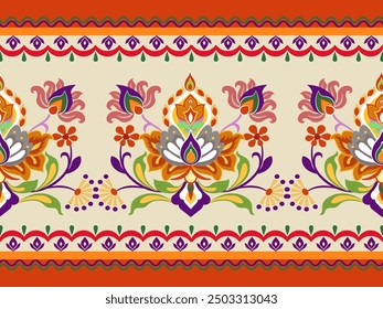 Patrón de damasco, un estilo vibrante y bohemio con intrincados motivos florales en tonos cálidos de rojo, naranja y verde, perfecto para el diseño textil y de telas.