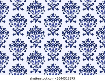 Damask pattern. Vintage wallpaper in the Baroque style. Seamless vector white background. Blue and indigo ornament for print, Leaf repeating on wallpaper, packaging.Ornate Damask. Flower ornament