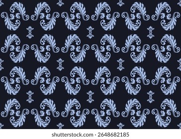 Damask pattern. Vintage wallpaper in the Baroque style. Seamless vector dark blue background. Light blue ornament for print, Leaf repeating on wallpaper, packaging.Ornate Damask. Flower ornament