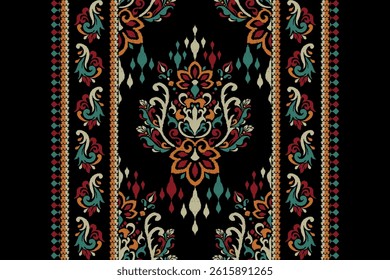 Damask pattern,damask floral Pattern on black background,vector illustration,Ikat floral pattern,baroque style,hand drawn embroidery.design for texture,fabric,clothing,decoration,print,sarong,sari