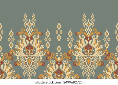 Damask pattern.damask Ikat floral pattern on green background vector illustration.Ikat ethnic oriental traditional,Aztec style,baroque.design for texture,fabric,clothing,wrapping,decoration,sarong.