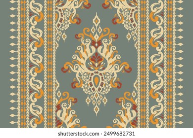 Damask pattern.damask Ikat floral pattern on green background vector illustration.Ikat ethnic oriental traditional,Aztec style,baroque.design for texture,fabric,clothing,wrapping,decoration,carpet 